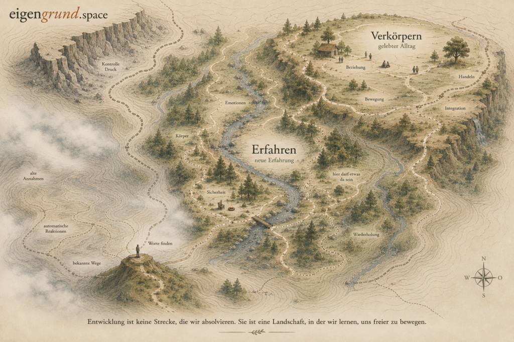 Illustration einer topografischen Landschaft als Metapher für persönliche Entwicklung. Neblige Täler, verschlungene Wege, Flüsse und eine offene Hochebene symbolisieren die drei Entwicklungsräume „Erkennen“, „Erfahren“ und „Verkörpern“ sowie den nichtlinearen Weg innerer Veränderung.