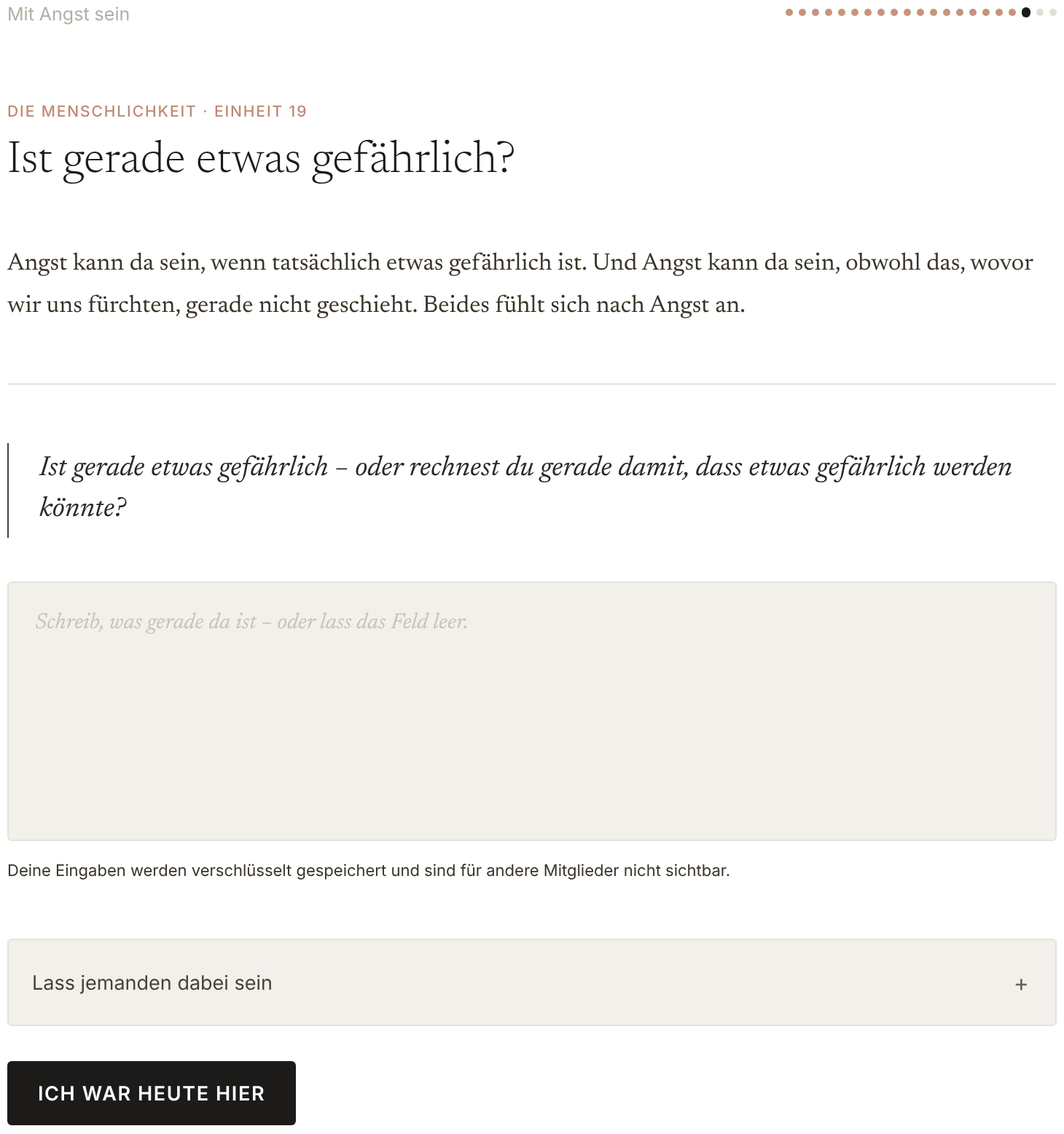 Einblick in eine Einheit aus Mit Angst sein: Impulstext, Reflexionsfrage und privates Eingabefeld.