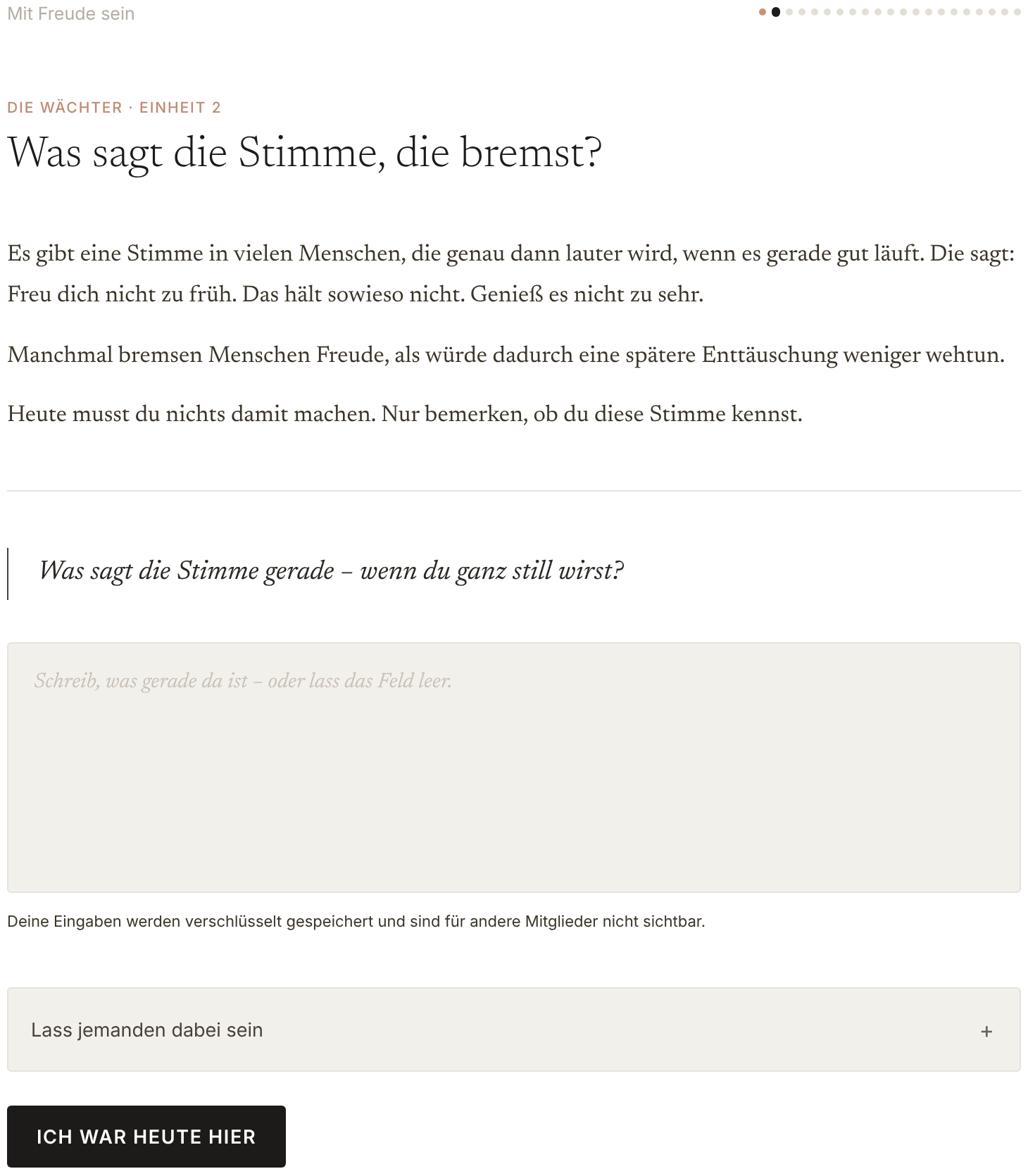 Einblick in eine Einheit aus Mit Freude sein: Impulstext, Reflexionsfrage und privates Eingabefeld.