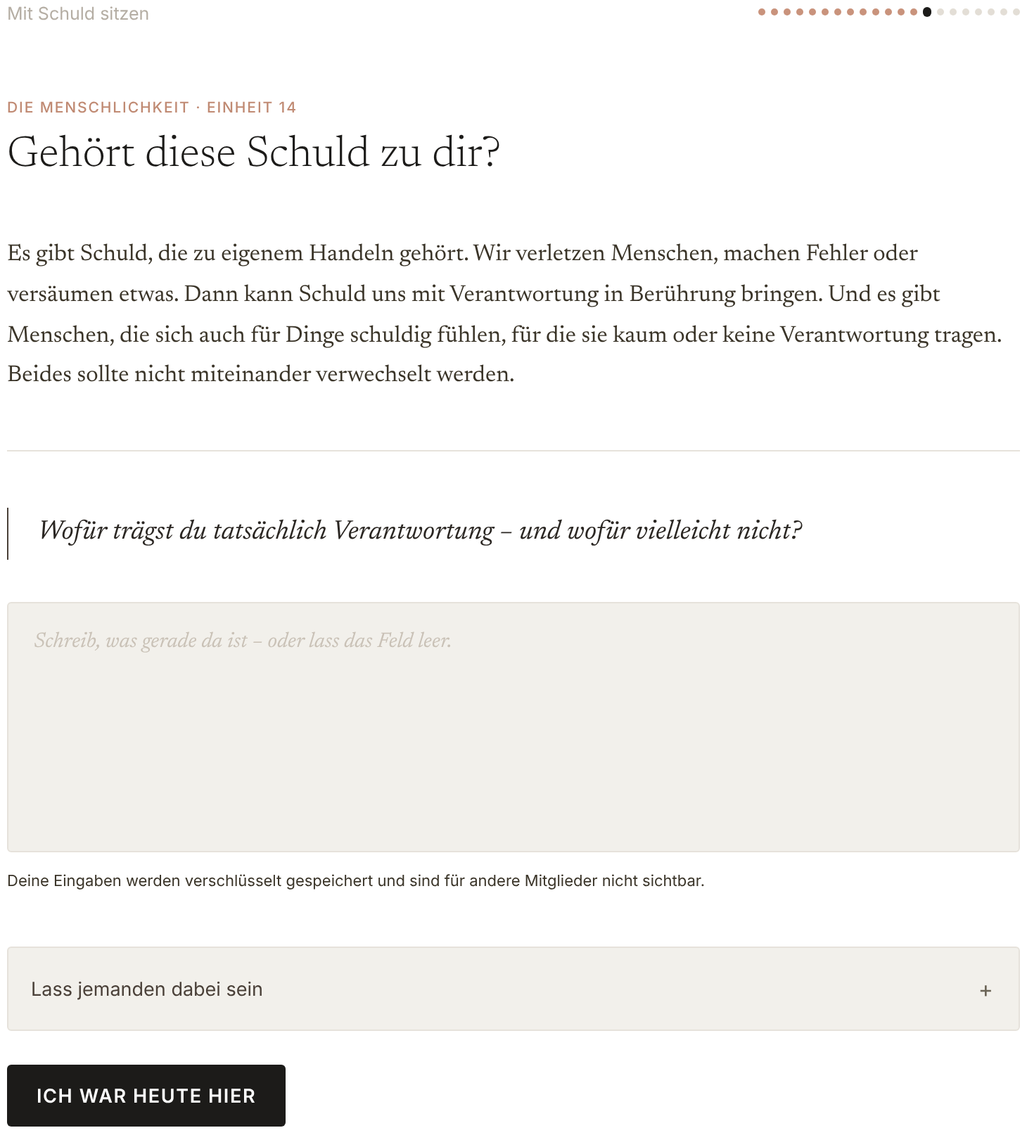 Einblick in eine Einheit aus Mit Schuld sitzen: Impulstext, Reflexionsfrage und privates Eingabefeld.