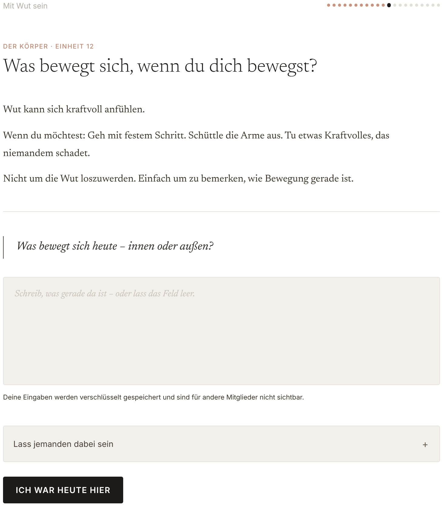 Einblick in eine Einheit aus Mit Wut sein: Impulstext, Reflexionsfrage und privates Eingabefeld.